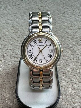 Cyma 33mm Two-Tone Quartz Watch, New Battery, White Dial, Gold Bezel 02-0001-003